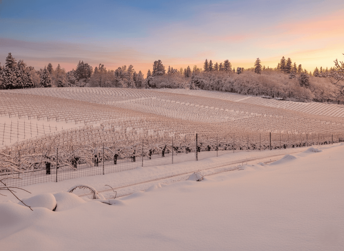 A snow-covered vineyard stretches under a colorful twilight sky.