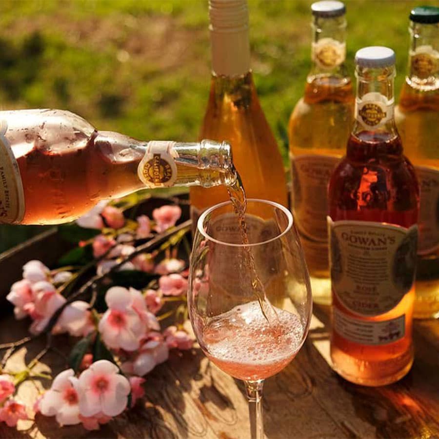 Pouring Gowans' Rose Cider into a glass, surrounded by other cider bottles.