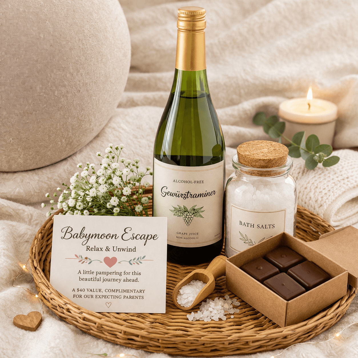 A cozy pampering gift set for expecting parents featuring alcohol-free wine, bath salts, chocolates, and a note of encouragement.