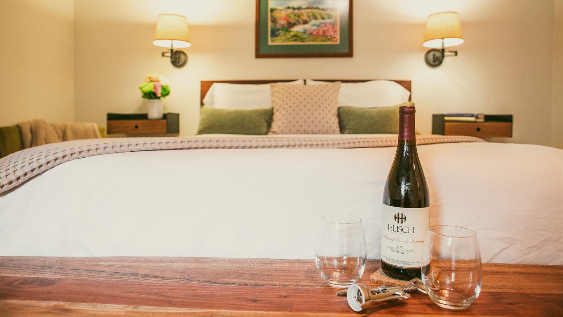 Anderson Valley Inn guest room with Husch wine and romantic decor.