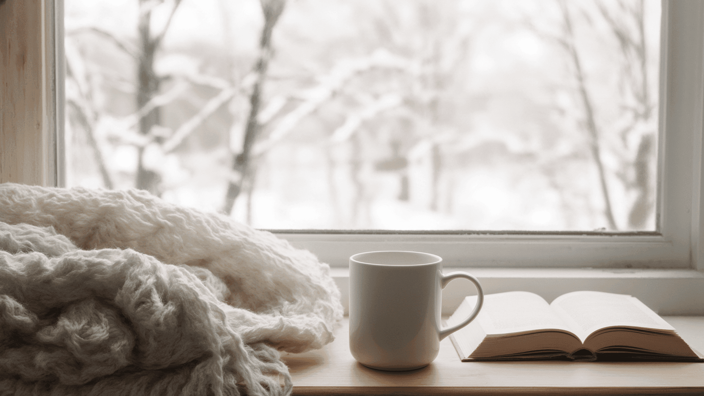 A cozy window scene featuring a knitted blanket, a mug, and an open book with a snowy backdrop.