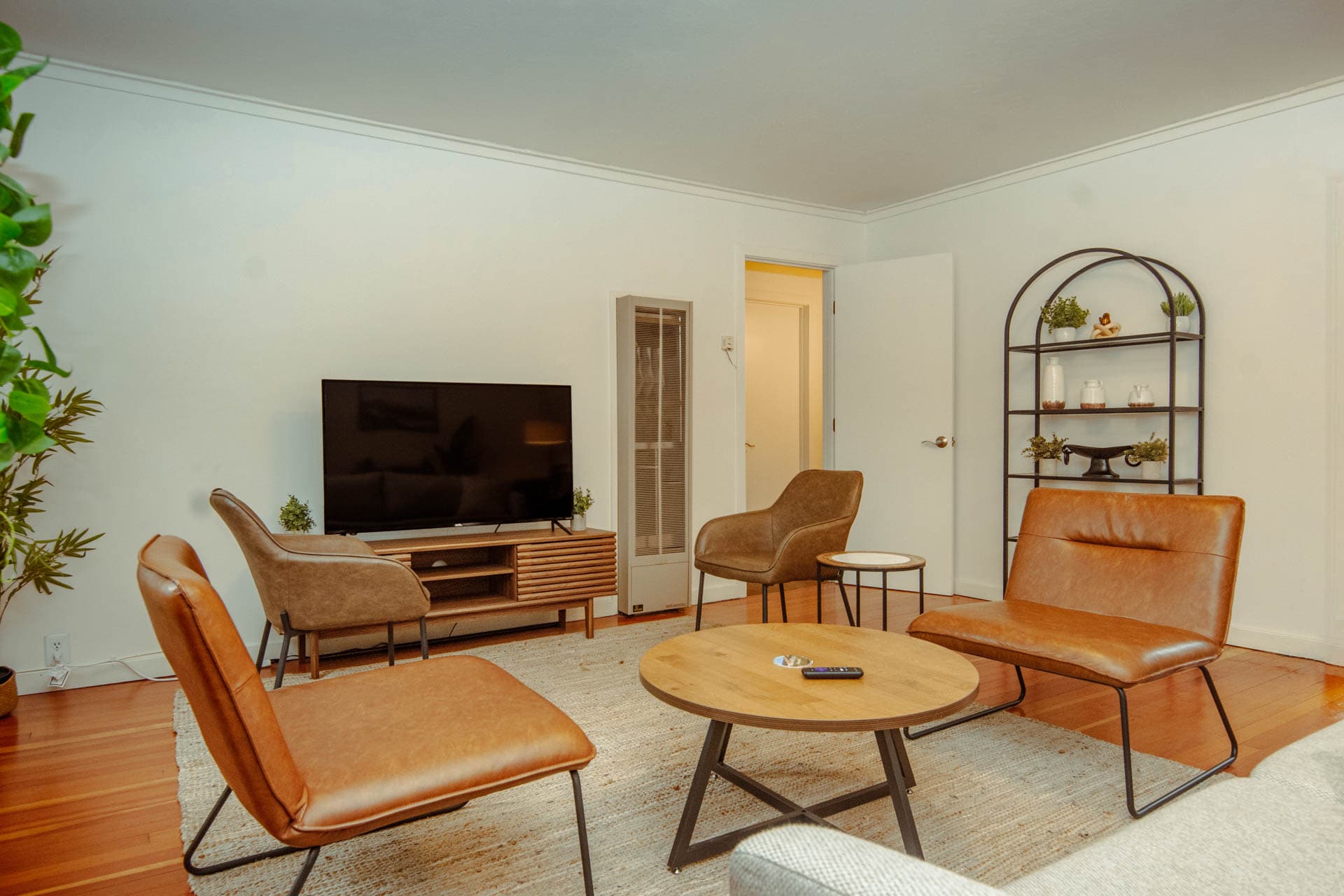 A minimalist living room featuring a TV, two brown armchairs, a round coffee table, and shelves with plants.